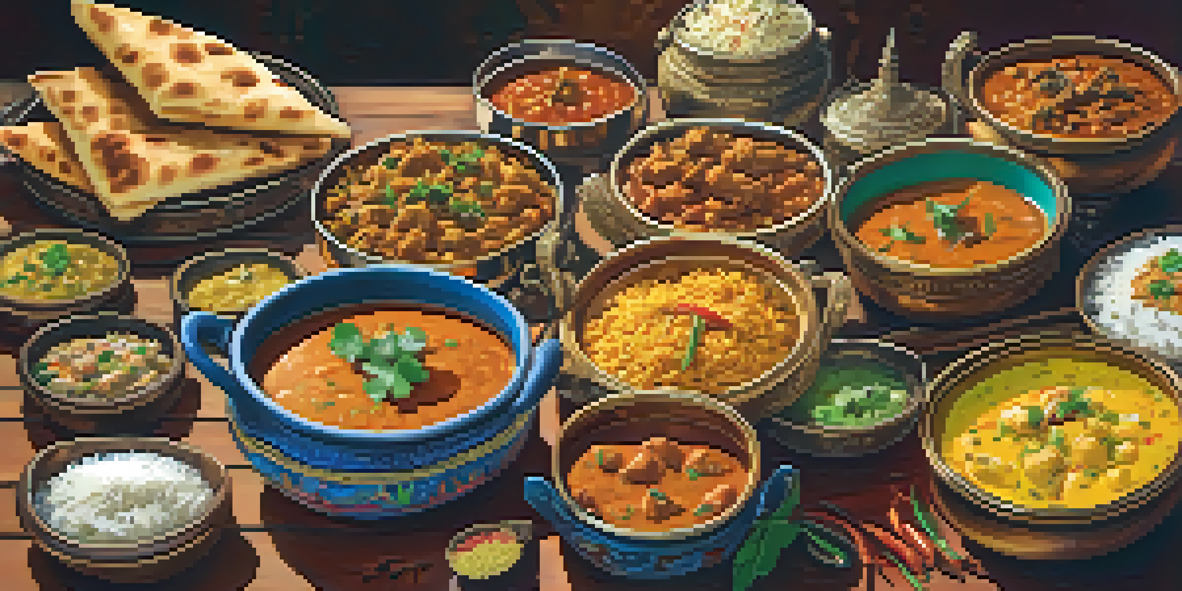 A colorful display of North Indian cuisine including butter chicken, naan, and biryani, with spices in bowls on a wooden table under soft golden lighting.