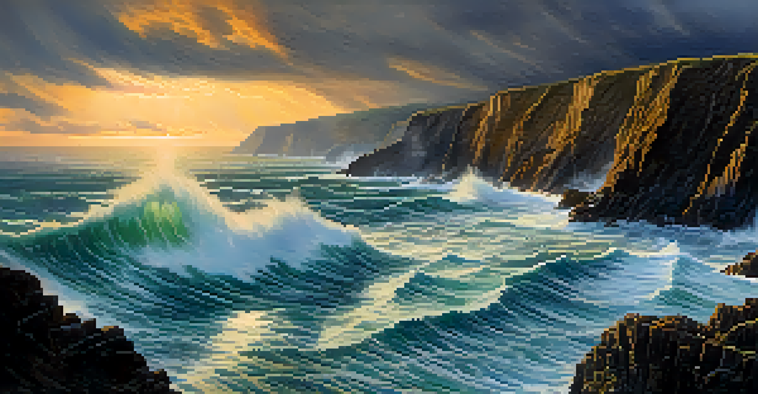 A dramatic scene of coastal cliffs and crashing waves at sunset, with stormy clouds and sunlight breaking through.