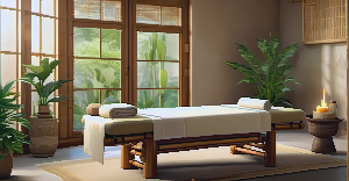 A calming Ayurvedic spa environment with a massage table, herbal jars, and plants, illuminated by warm light.