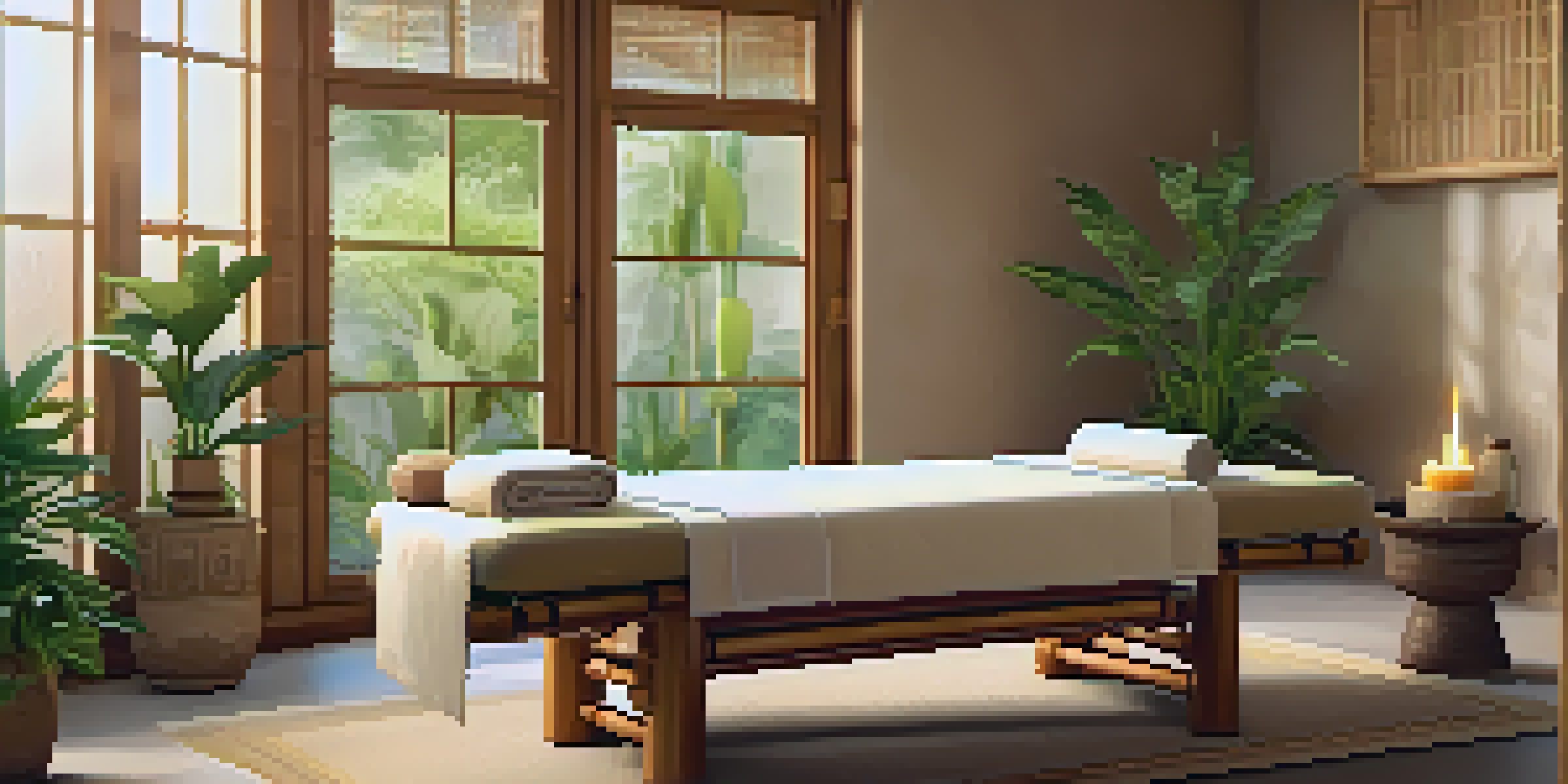 A calming Ayurvedic spa environment with a massage table, herbal jars, and plants, illuminated by warm light.