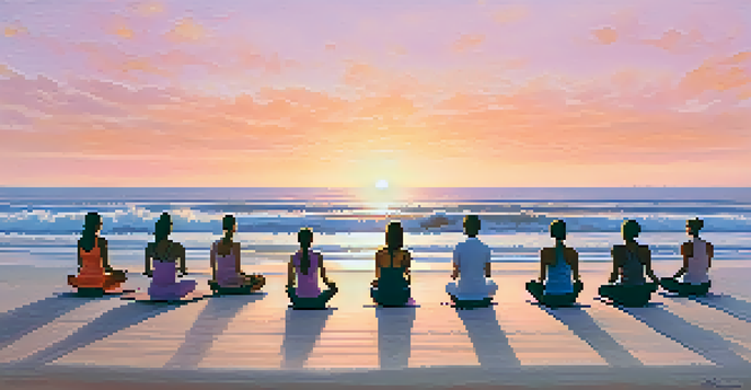 A peaceful beach scene at sunrise where individuals practice yoga, surrounded by soft colors of the sky and gentle ocean waves.