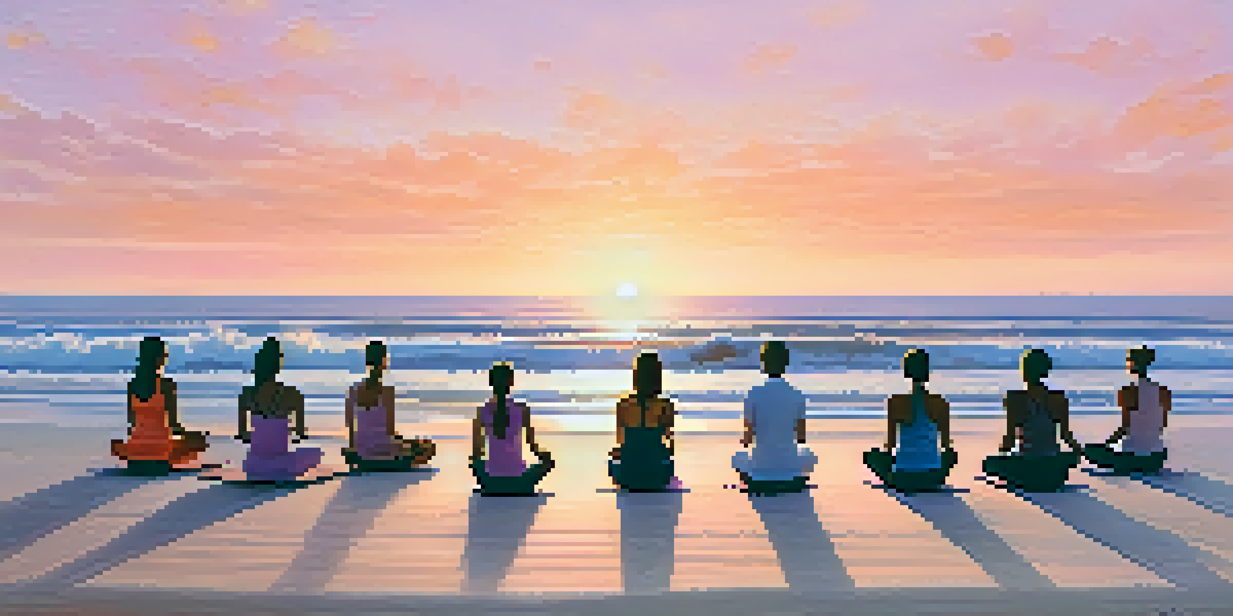 A peaceful beach scene at sunrise where individuals practice yoga, surrounded by soft colors of the sky and gentle ocean waves.