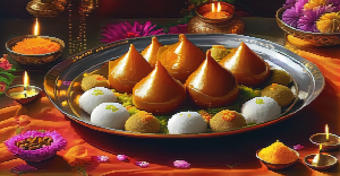 A festive arrangement of Indian sweets including gulab jamun and barfi on a decorative platter, surrounded by flickering oil lamps and marigold flowers.