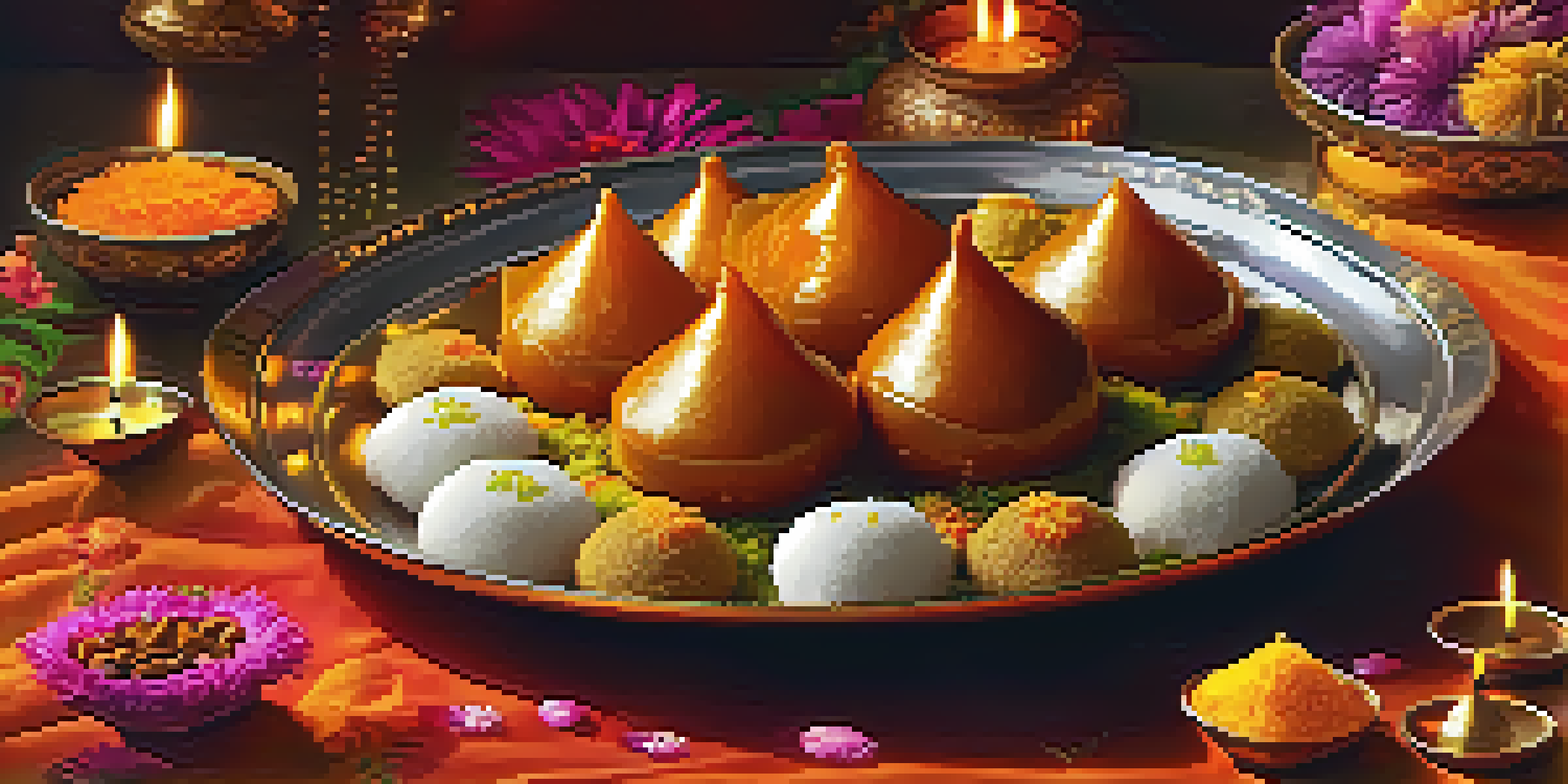 A festive arrangement of Indian sweets including gulab jamun and barfi on a decorative platter, surrounded by flickering oil lamps and marigold flowers.