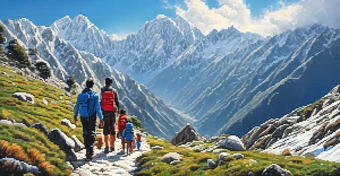 A family trekking in the Himalayas, smiling and enjoying their adventure with snow-capped mountains and greenery around them.