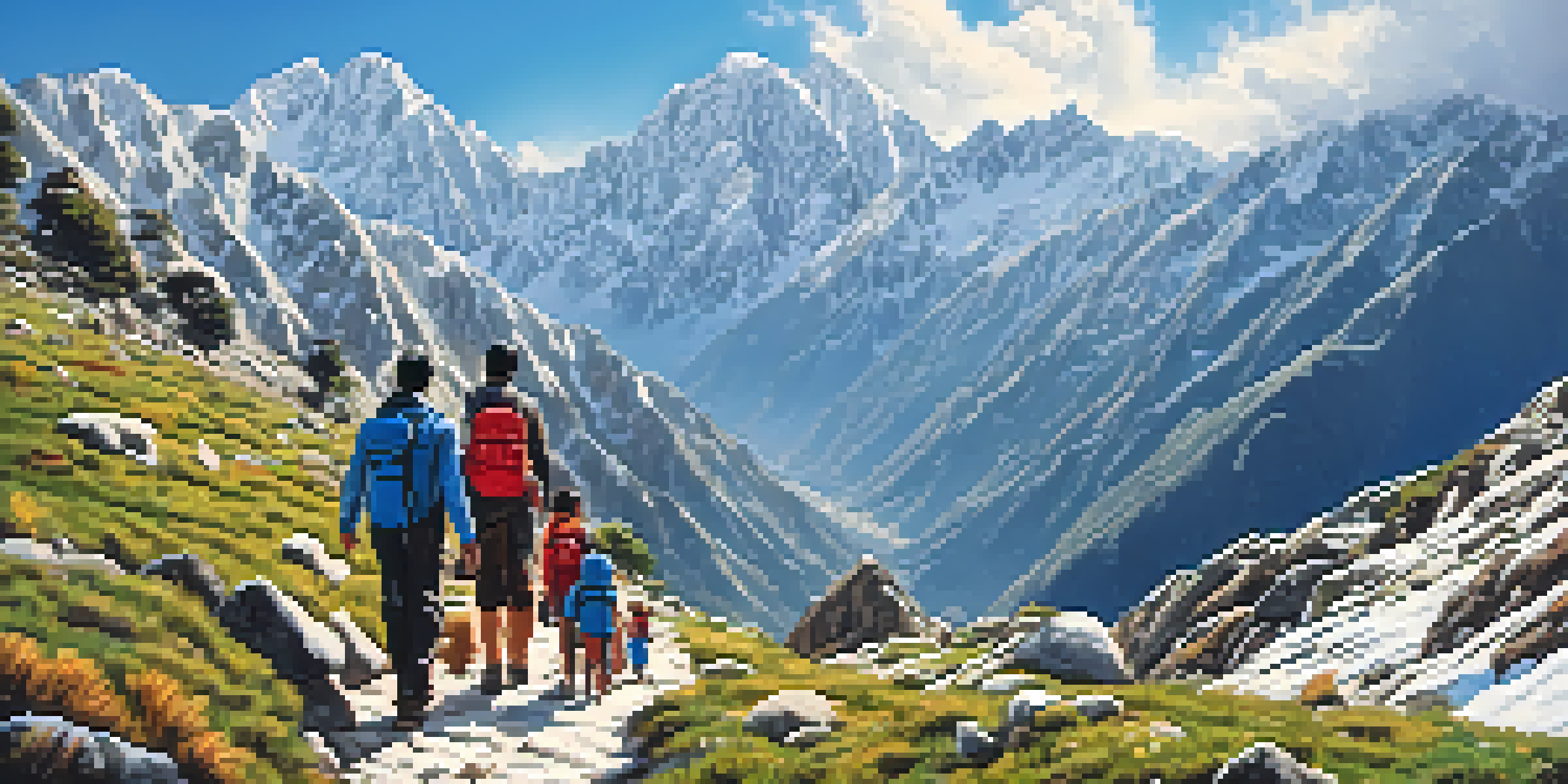 A family trekking in the Himalayas, smiling and enjoying their adventure with snow-capped mountains and greenery around them.