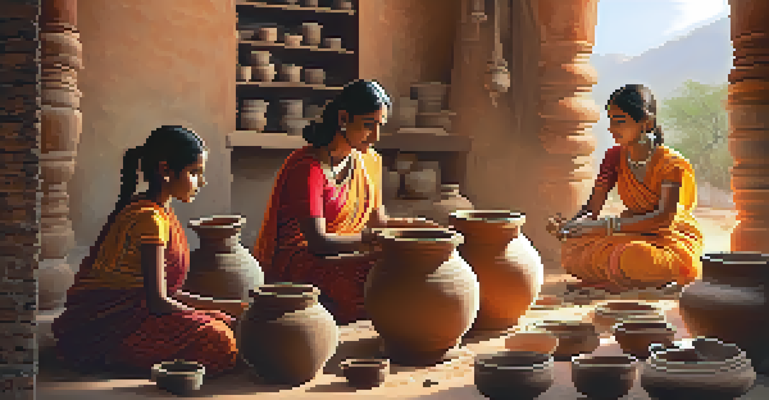 A family engaged in a pottery workshop, working with clay in a rustic studio.