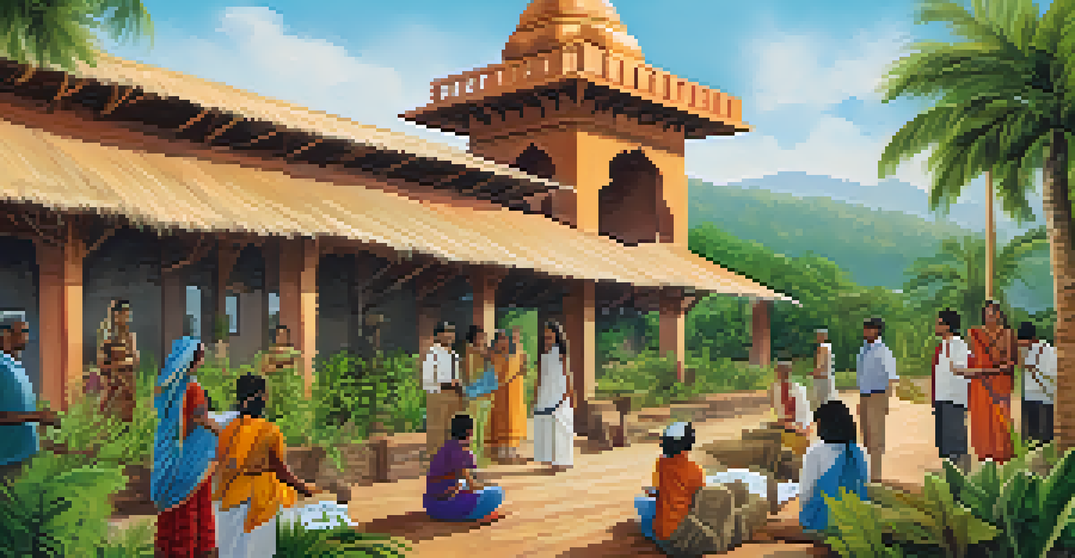 A workshop where local community members teach travelers about sustainability and wildlife conservation, set against a colorful village backdrop with traditional architecture.