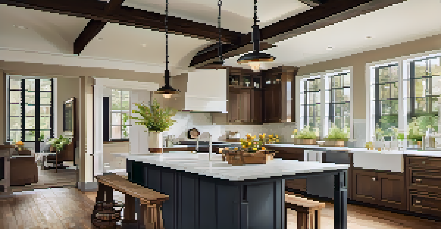 A colonial-style kitchen with traditional wooden beams, modern appliances, and a rustic table with flowers, filled with natural light.
