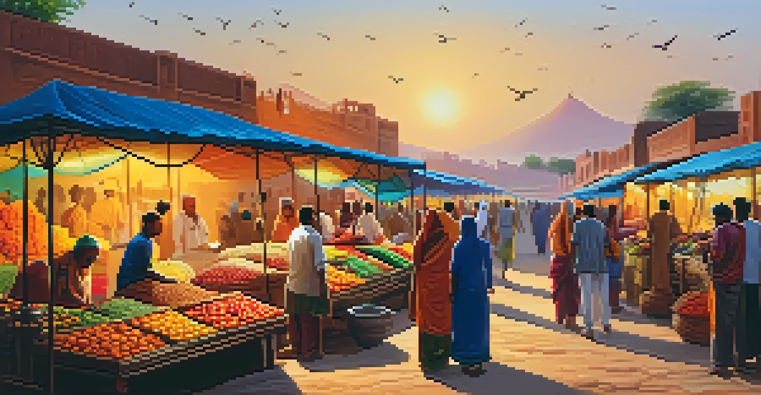 A lively community market in Rajasthan, showcasing local crafts and produce with Ranthambore National Park in the background.
