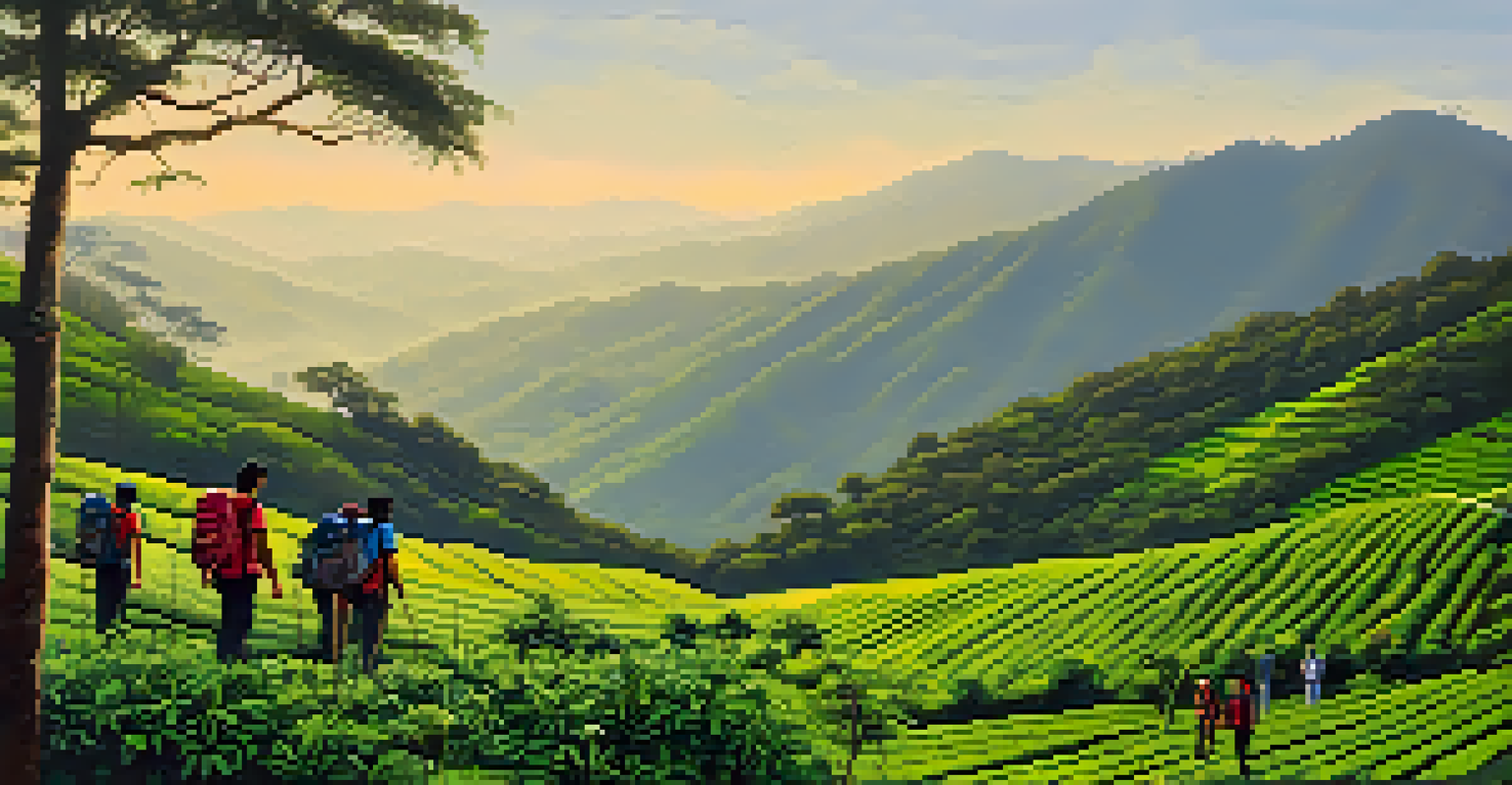A group of trekkers exploring a scenic coffee estate in Chikmagalur with mountains in the background and coffee plants in the foreground.