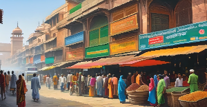 A lively street in Old Delhi featuring narrow lanes, colorful shops, and street food vendors with the Jama Masjid in the background.