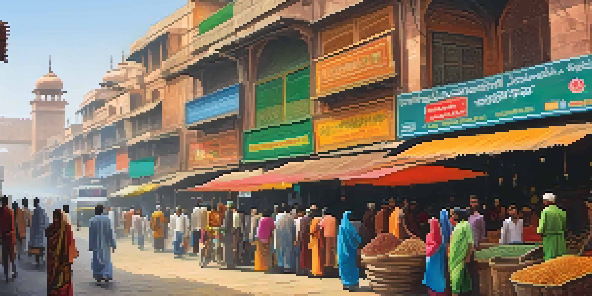 A lively street in Old Delhi featuring narrow lanes, colorful shops, and street food vendors with the Jama Masjid in the background.
