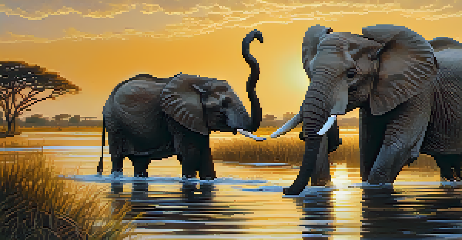 Elephants at a riverbank during a boat tour in Chobe National Park, illuminated by golden afternoon light.