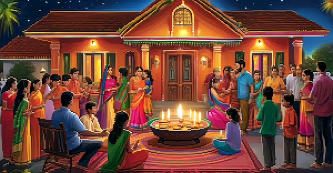 A joyful Diwali celebration showing families around a decorated home with oil lamps, candles, and colorful rangoli designs.