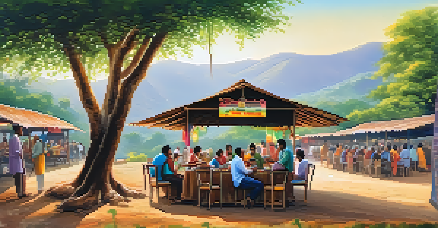 A cozy roadside dhaba in the Western Ghats, featuring people enjoying local cuisine surrounded by lush greenery.