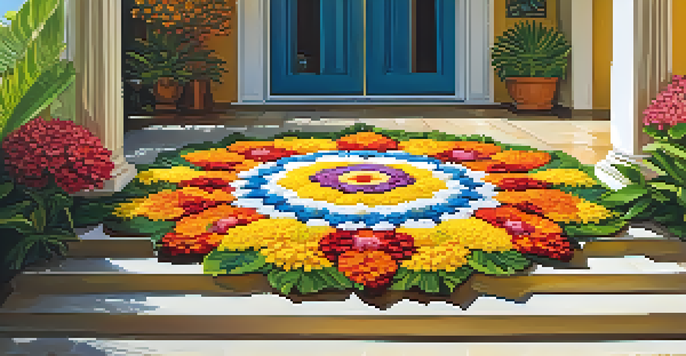 A colorful floral arrangement known as Pookalam, made with various flowers, displayed on a porch with greenery in the background.