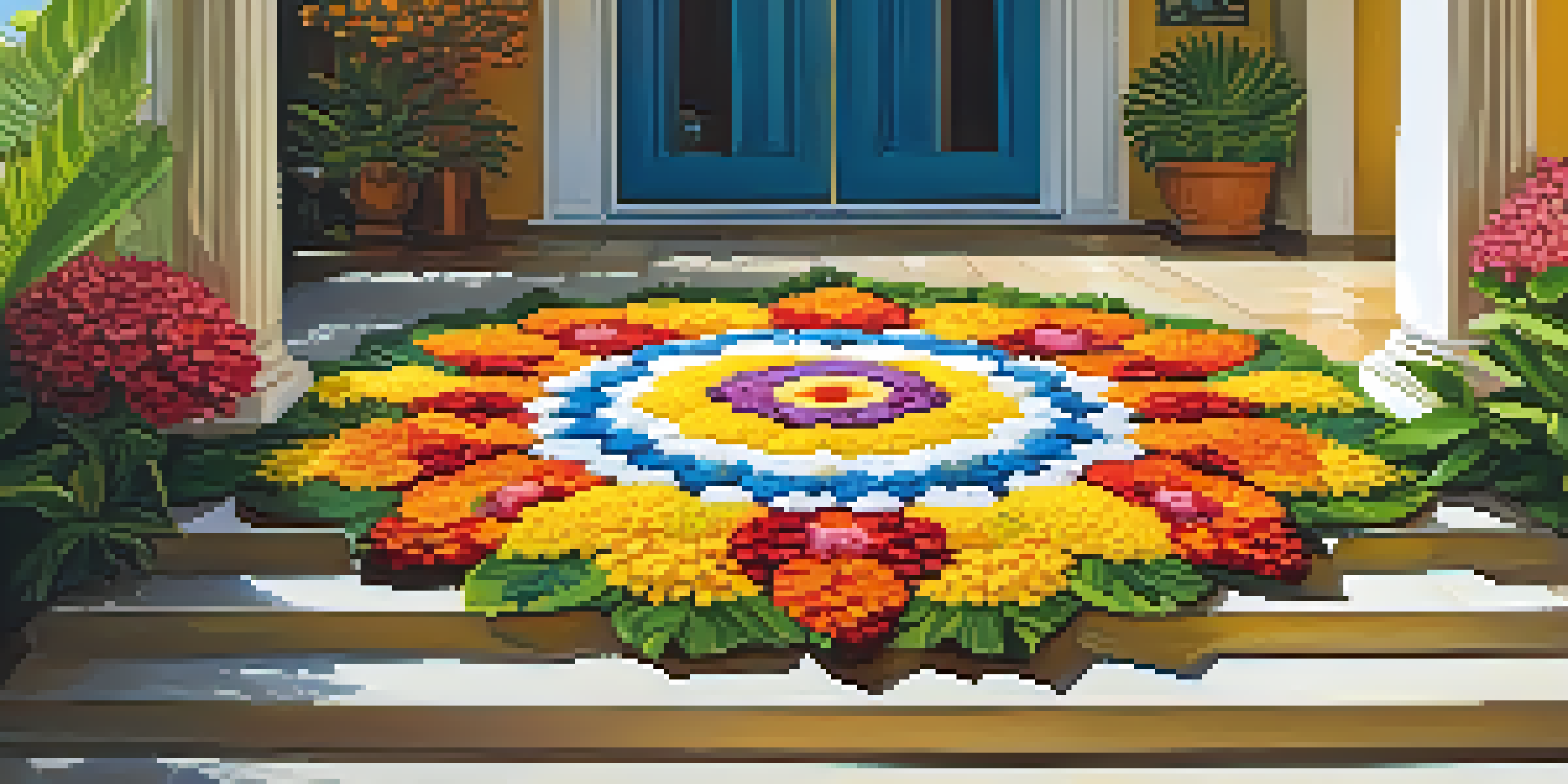 A colorful floral arrangement known as Pookalam, made with various flowers, displayed on a porch with greenery in the background.