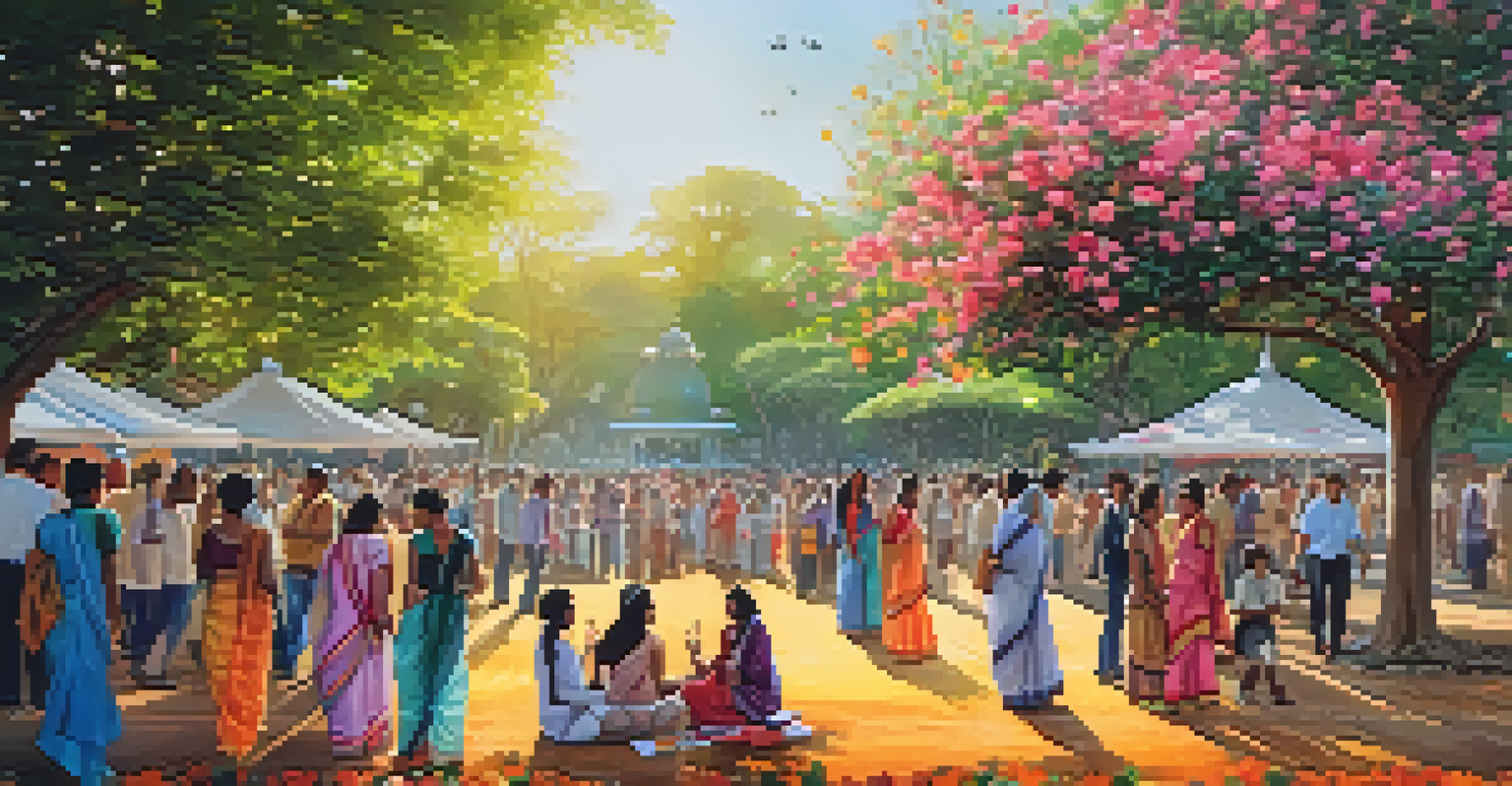 A festive outdoor scene in Lalbagh Botanical Garden with colorful decorations, people celebrating, and blooming flowers under sunlight.