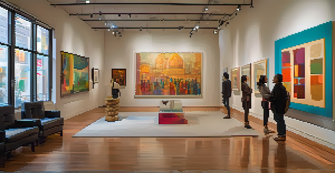 An interior view of an art gallery filled with colorful contemporary Indian artworks, with visitors discussing and natural light coming through a large window.