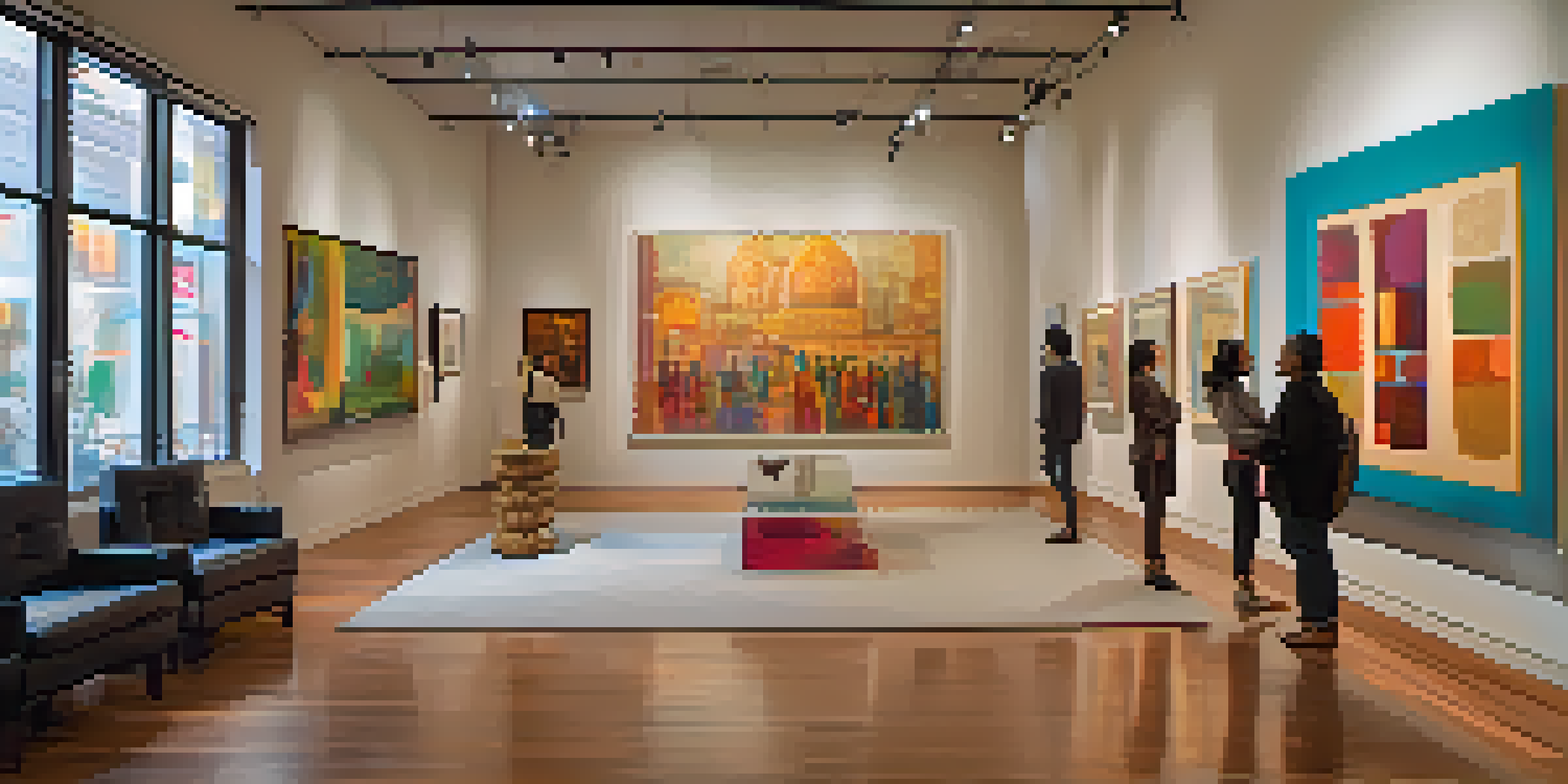 An interior view of an art gallery filled with colorful contemporary Indian artworks, with visitors discussing and natural light coming through a large window.
