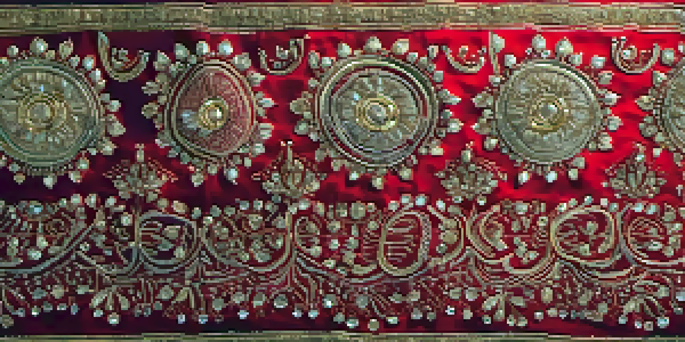 Close-up of traditional Indian embroidery with intricate gold threads on red silk, featuring floral patterns.