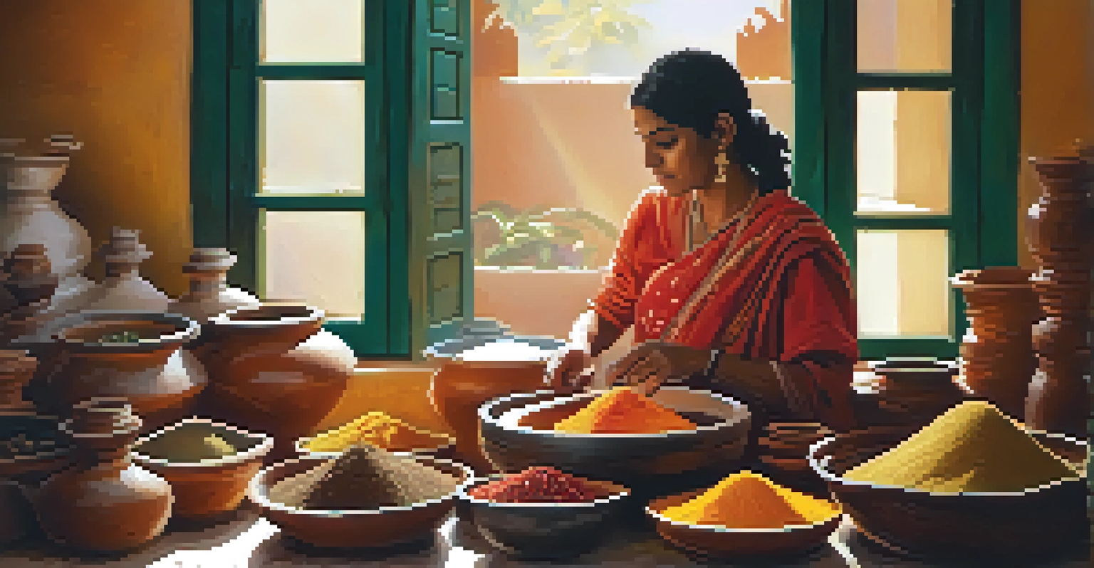 An Indian kitchen showcasing a chef measuring spices on a wooden table, with sunlight highlighting the vibrant colors of various spices.
