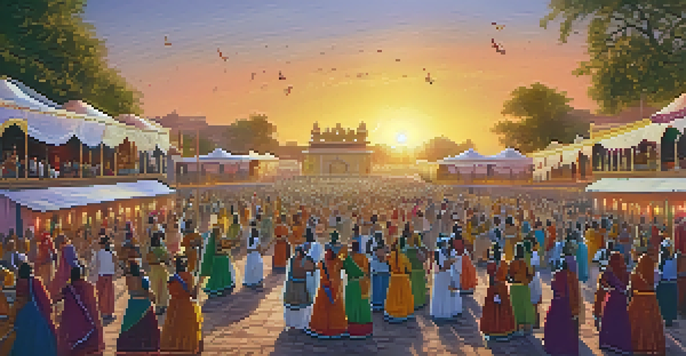 A lively folk music festival in Rajasthan with colorful traditional attire and musicians performing on stage under a sunset sky.