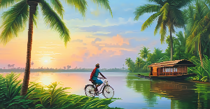 A cyclist enjoying a peaceful ride along the green banks of Kerala's backwaters at sunrise, with houseboats in the background.