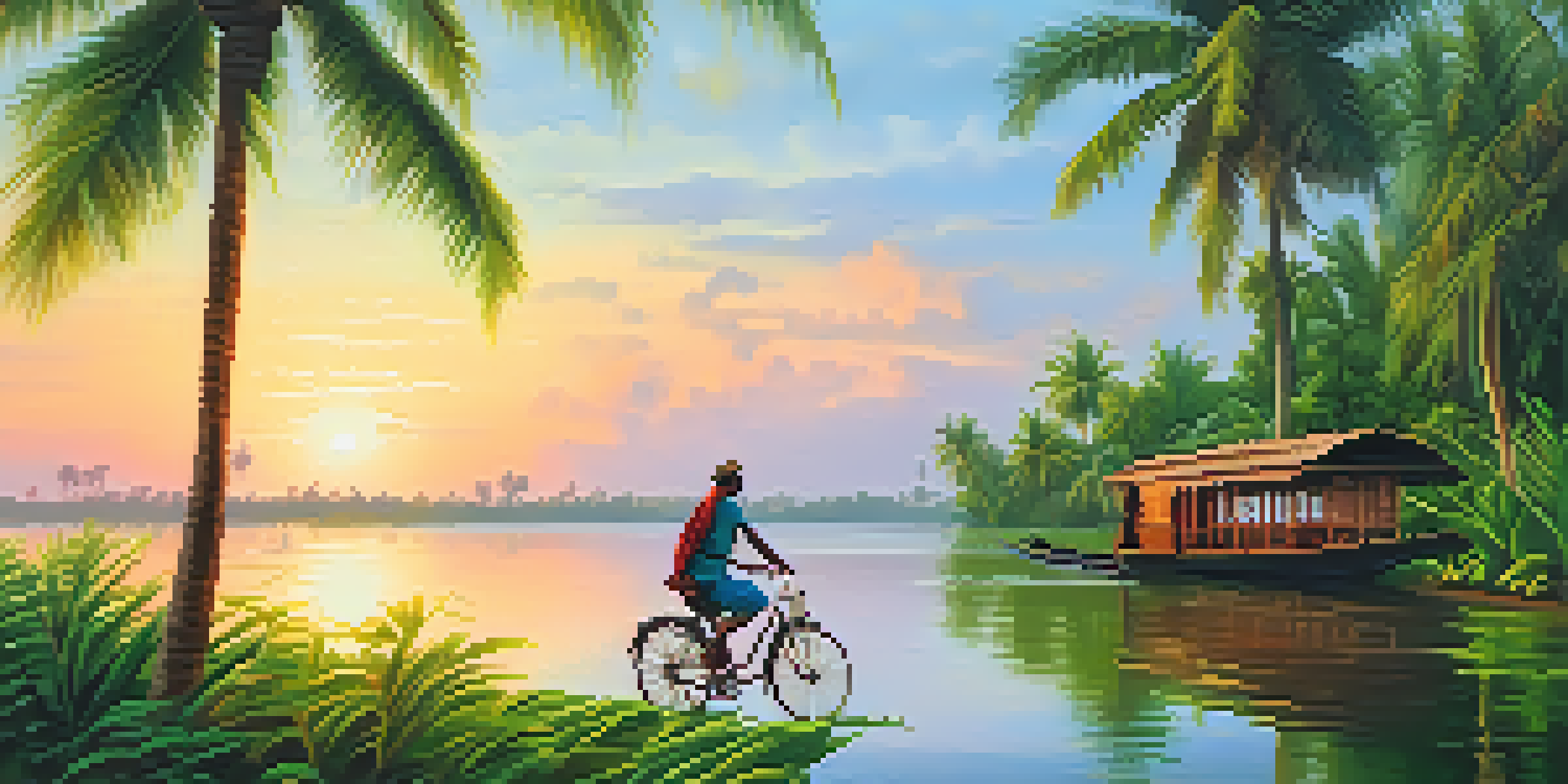 A cyclist enjoying a peaceful ride along the green banks of Kerala's backwaters at sunrise, with houseboats in the background.