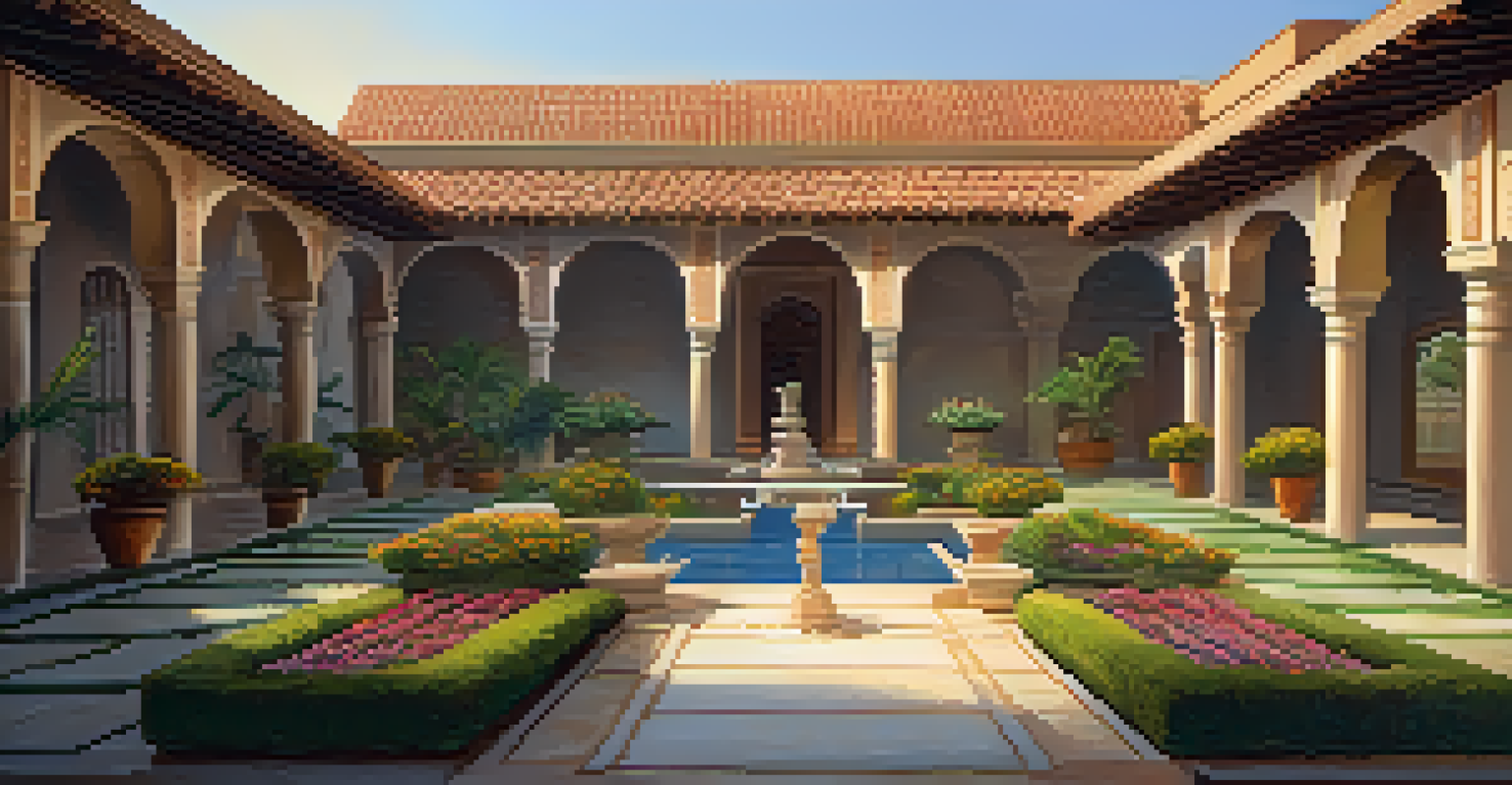 A tranquil courtyard with a garden, stone fountains, and traditional architecture, bathed in golden sunlight.