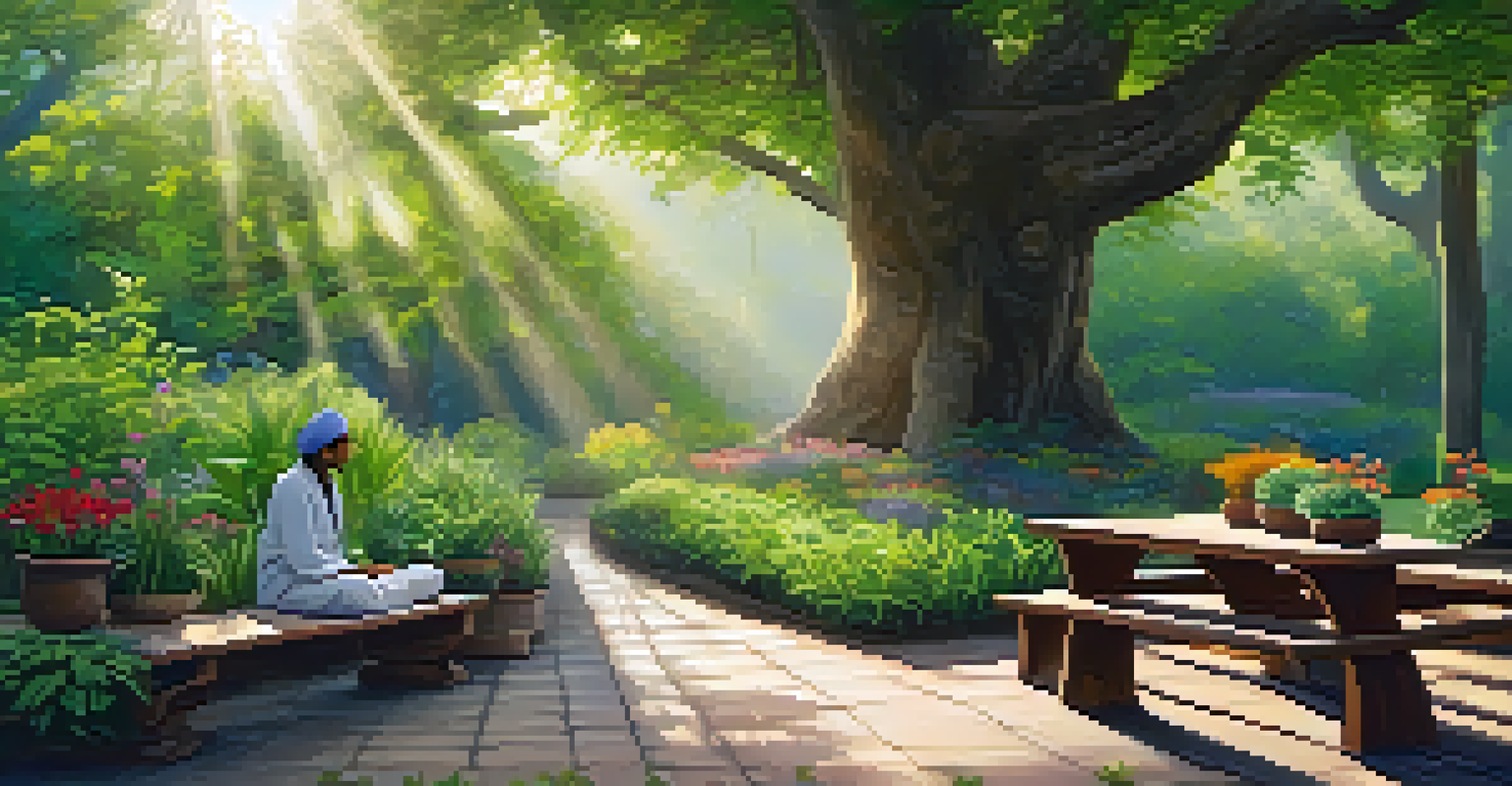 A vibrant Ayurvedic garden with herbs and plants, featuring a person meditating on a bench under a tree.