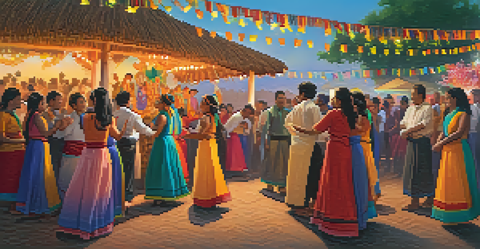 Locals dressed in traditional attire dancing at a festival, with visitors participating, against a colorful sunset sky.