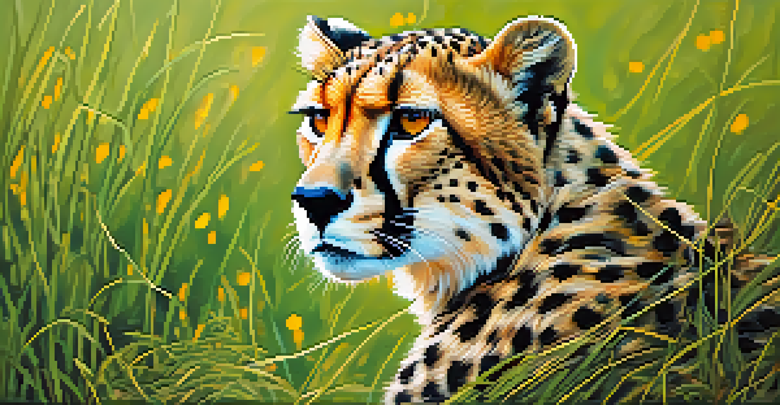 A close-up of a cheetah resting in the grass, with soft morning light illuminating its fur and intense gaze.
