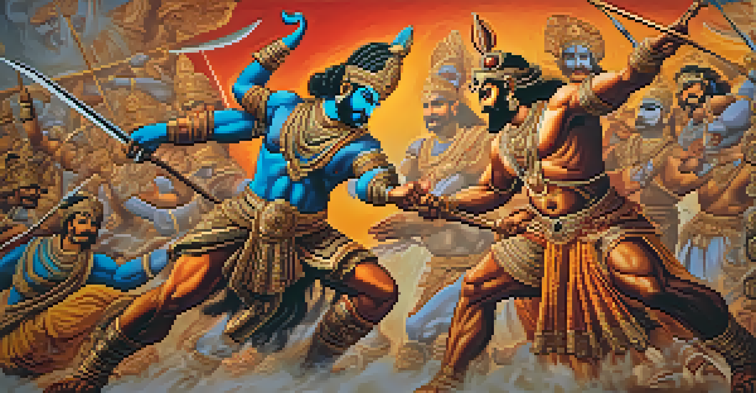 Close-up of an Indian painting illustrating the battle between Rama and Ravana, highlighting their expressions and weapons.