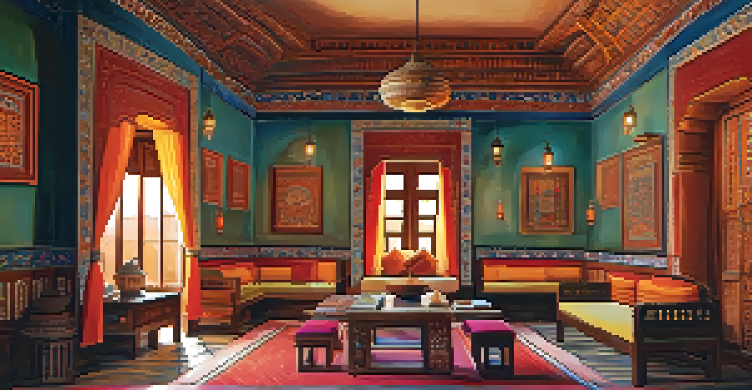 The interior of Samode Haveli, featuring traditional decor with frescoes, carvings, and textiles, illuminated softly.