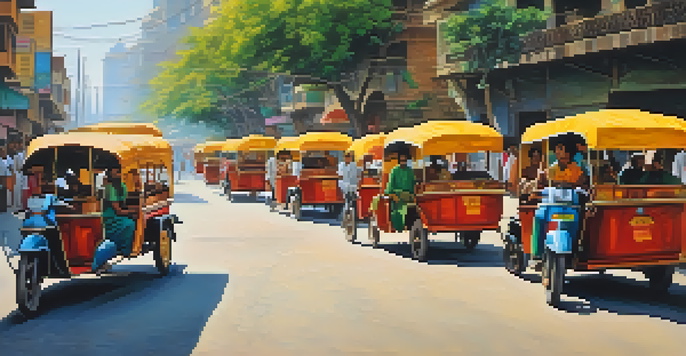 A bustling Indian street filled with colorful auto-rickshaws and pedestrians, showcasing the vibrant culture and dynamic energy of the city.