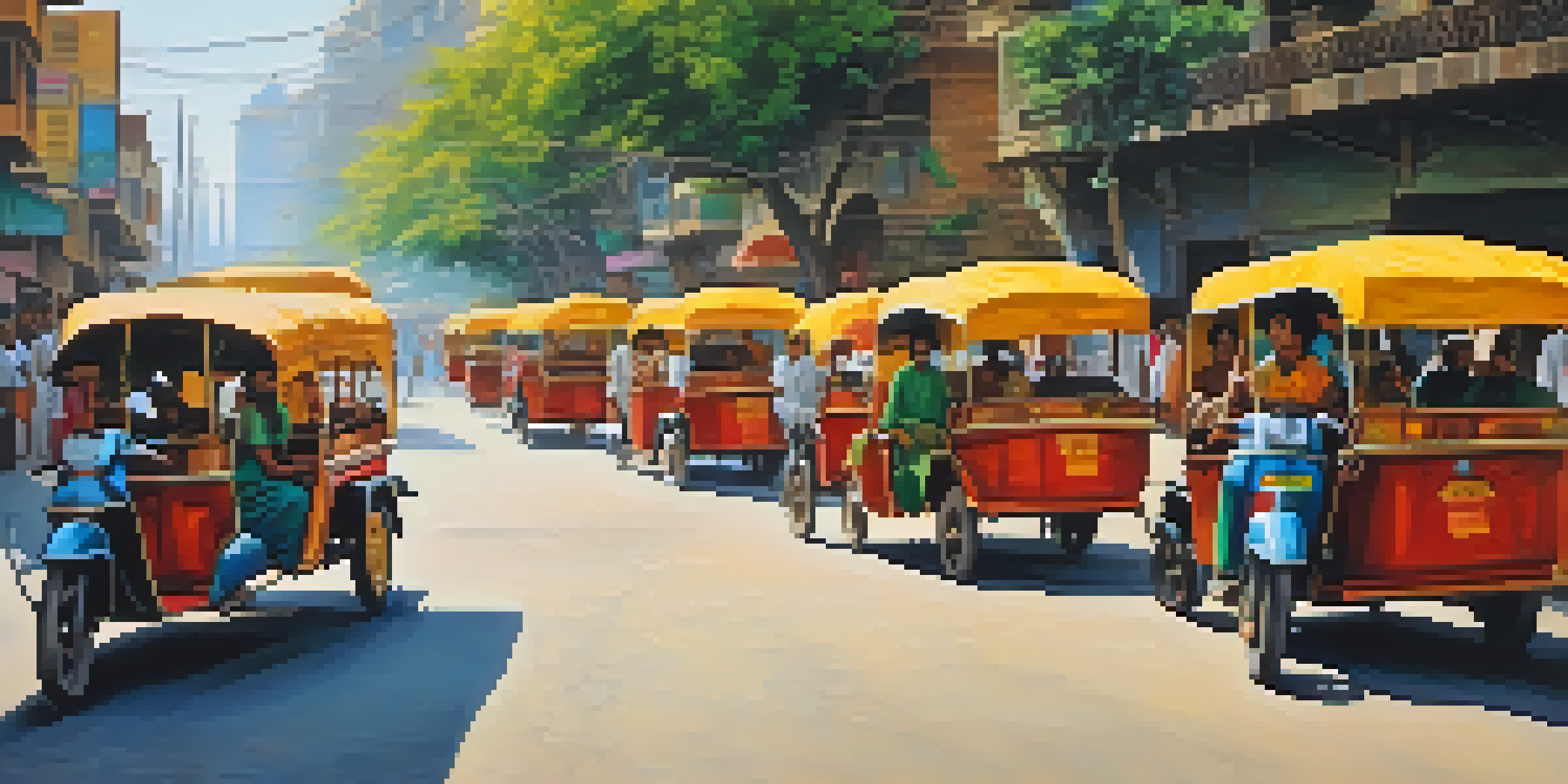 A bustling Indian street filled with colorful auto-rickshaws and pedestrians, showcasing the vibrant culture and dynamic energy of the city.