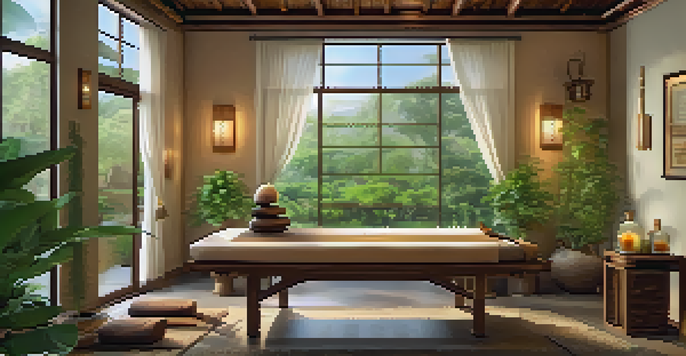 A peaceful Ayurvedic spa room with a massage table, herbal oils, and flowers, creating a relaxing atmosphere.
