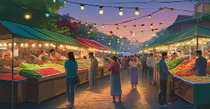 A bustling local market at dusk with colorful stalls and engaged vendors, illuminated by warm string lights.