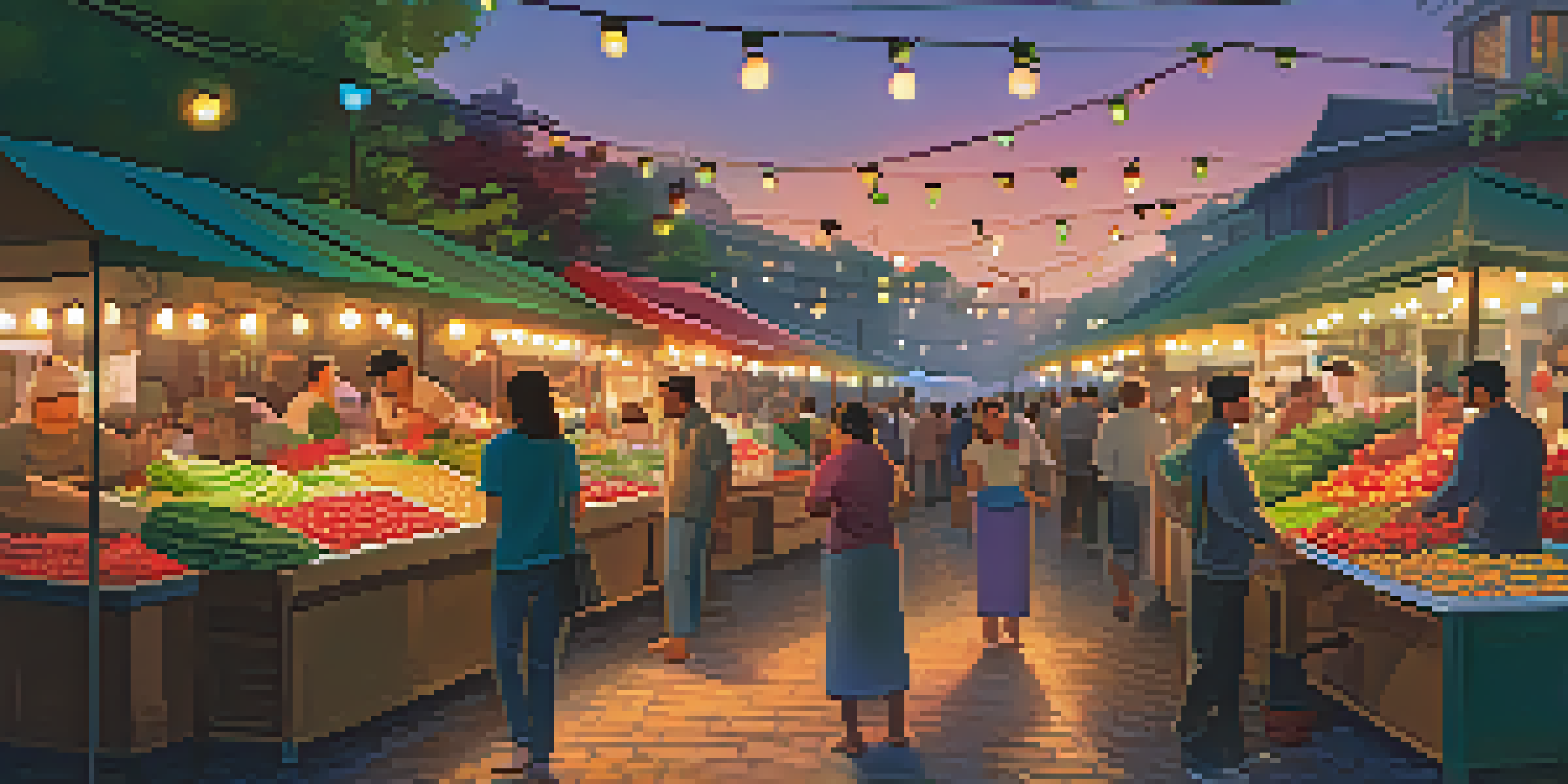 A bustling local market at dusk with colorful stalls and engaged vendors, illuminated by warm string lights.