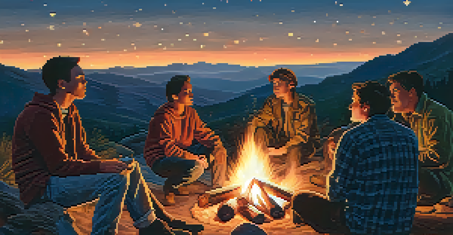 A group of pilgrims sharing meals and stories around a campfire at dusk, surrounded by a starry sky and mountains.