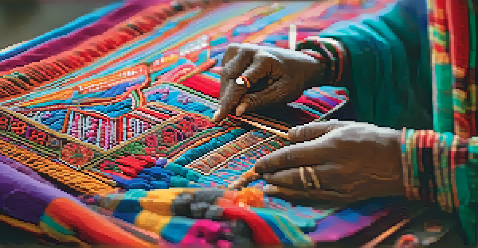 An artisan's hands weaving a traditional Kutch embroidery piece, showcasing vibrant threads and intricate details.