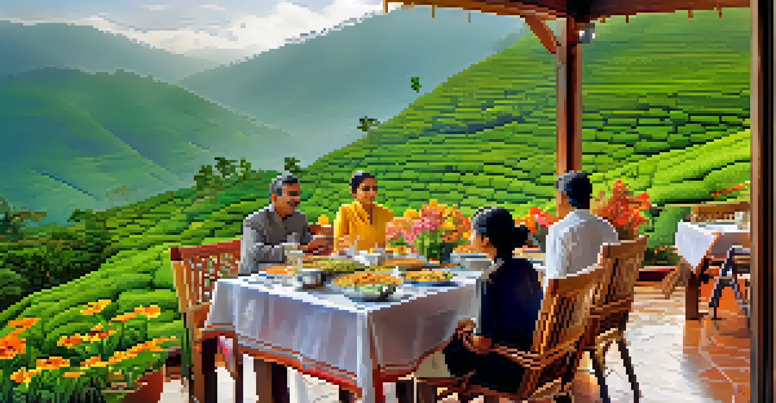 An outdoor dining setup at an eco-friendly resort in Munnar, featuring local organic dishes and scenic views.