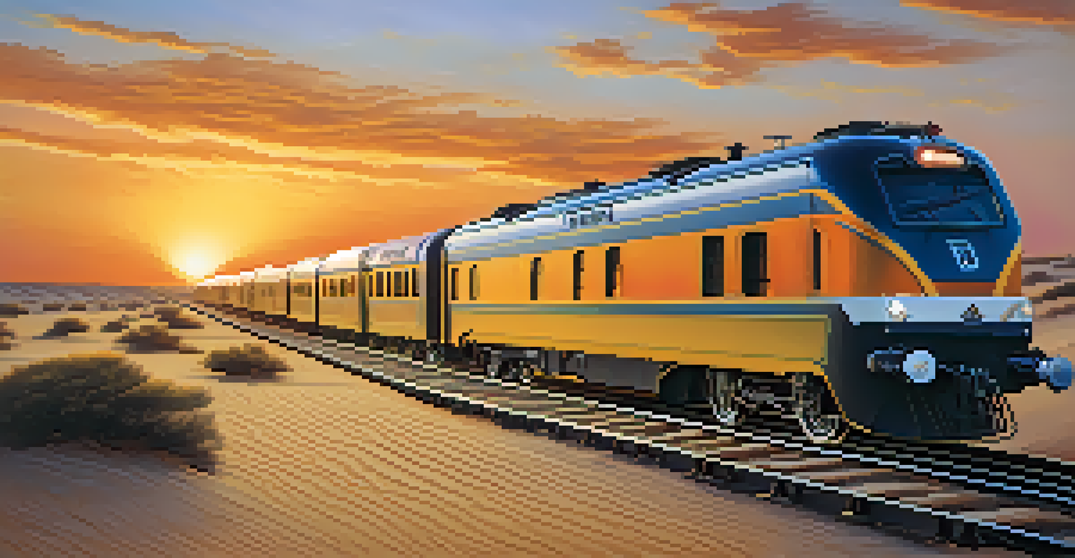 A luxury train moving through the golden sands of the Thar Desert during sunset.