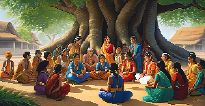 A group of villagers gathered under a banyan tree, listening to a storyteller narrating a folk tale, with warm afternoon light and colorful traditional attire.