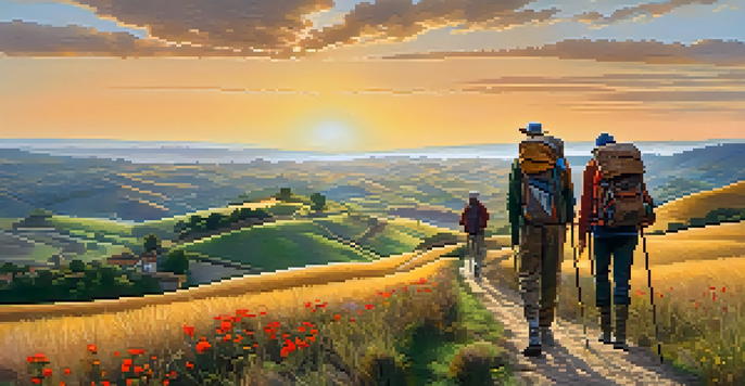 A beautiful sunset landscape with pilgrims walking along the Camino de Santiago, surrounded by hills and wildflowers.
