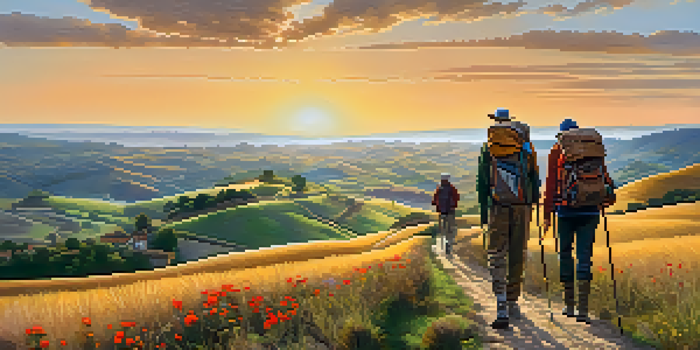 A beautiful sunset landscape with pilgrims walking along the Camino de Santiago, surrounded by hills and wildflowers.