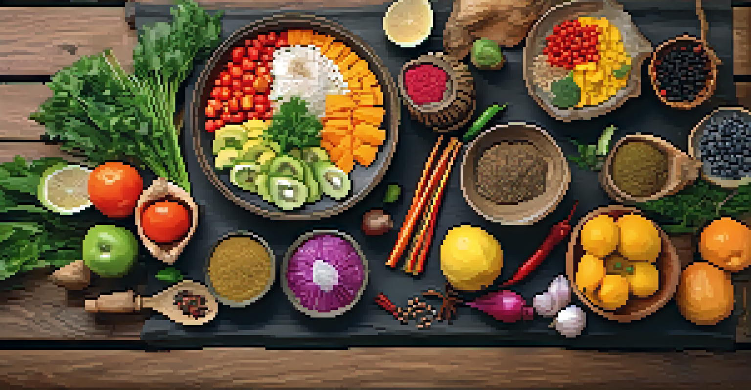 A colorful Ayurvedic meal displayed on a wooden table, featuring fresh fruits, vegetables, and spices in a rustic kitchen.