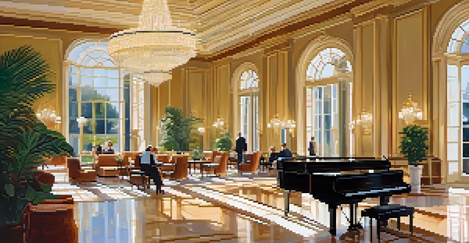 A luxurious hotel lobby with elegant decor, plush seating, and a pianist playing in the background.